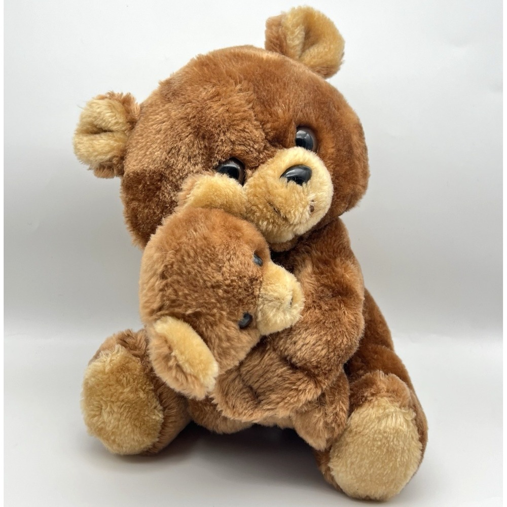 Vintage Plush Bear Hugging Mamma & Baby Teddy Approx 9" Stuffed Animal Brown - Picture 1 of 16